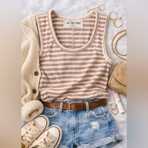 Free People We The Free Striped Ribbed Tank Top Pink Cream Fitted L